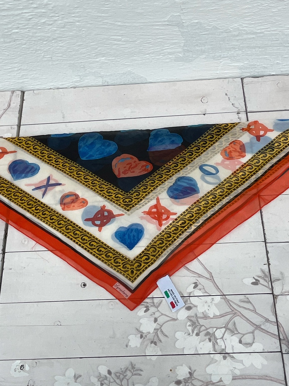 Symphony Coral Red and Navy Heart Motif Sheer Scarf